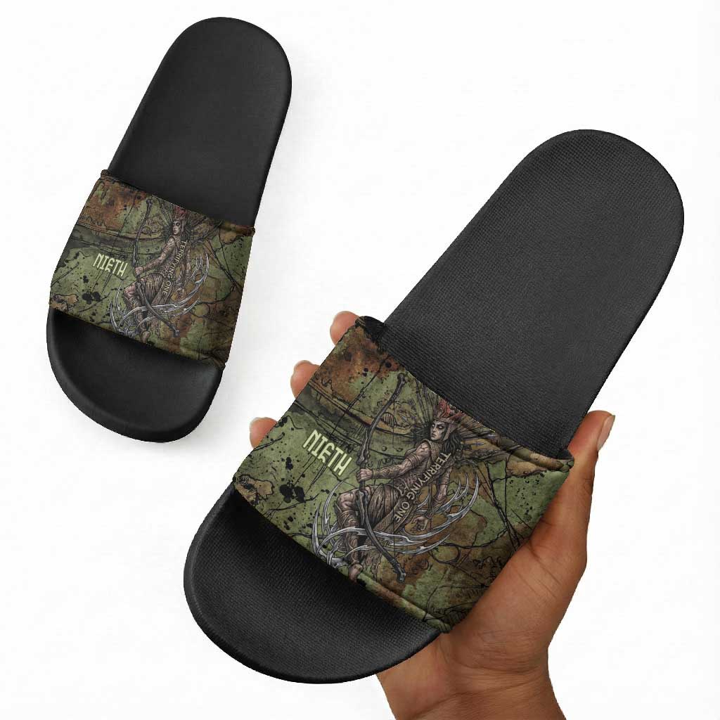 Neith Egyptian Slide Sandals War Goddess Terrifying One Dual Spears and Shield Battle Worn