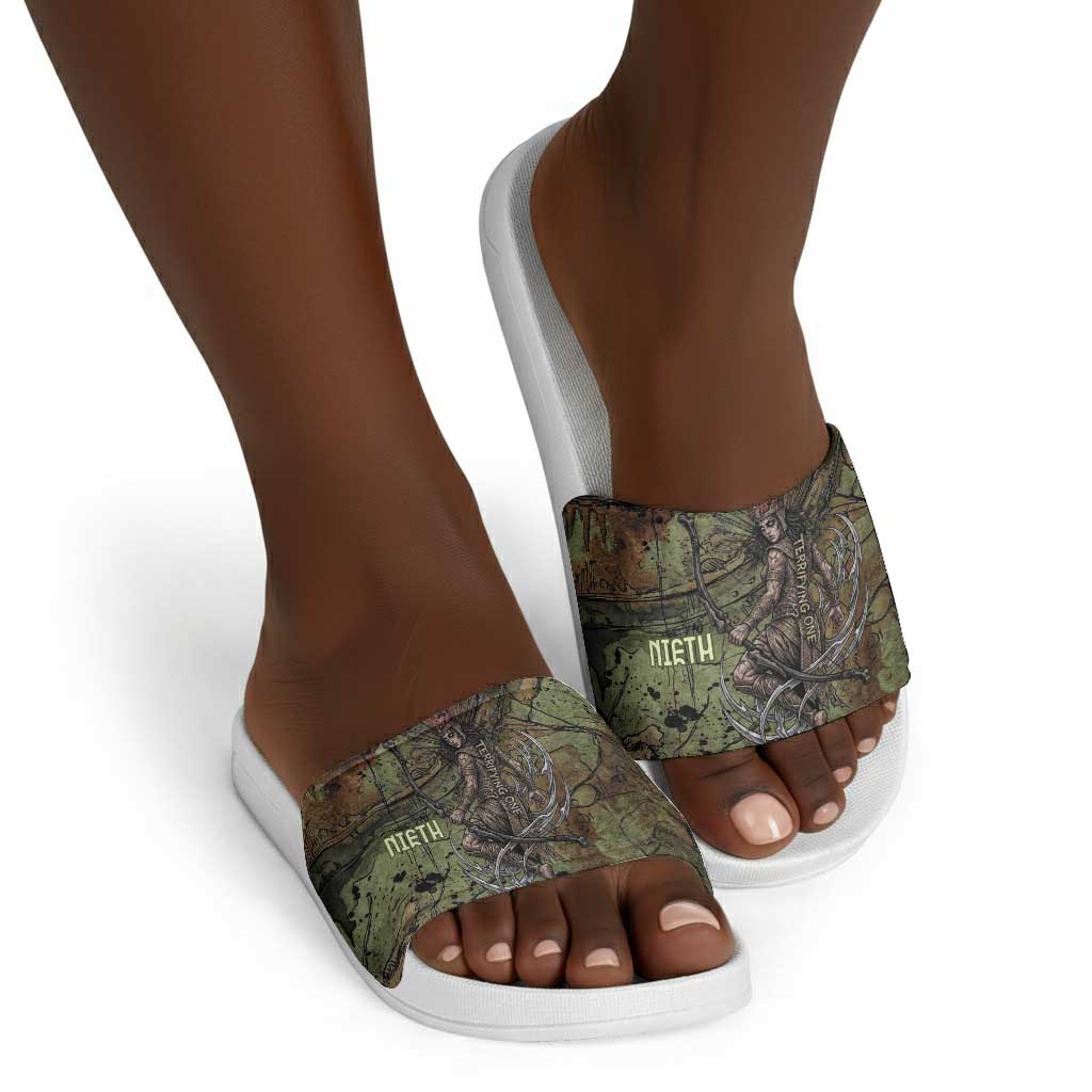 Neith Egyptian Slide Sandals War Goddess Terrifying One Dual Spears and Shield Battle Worn