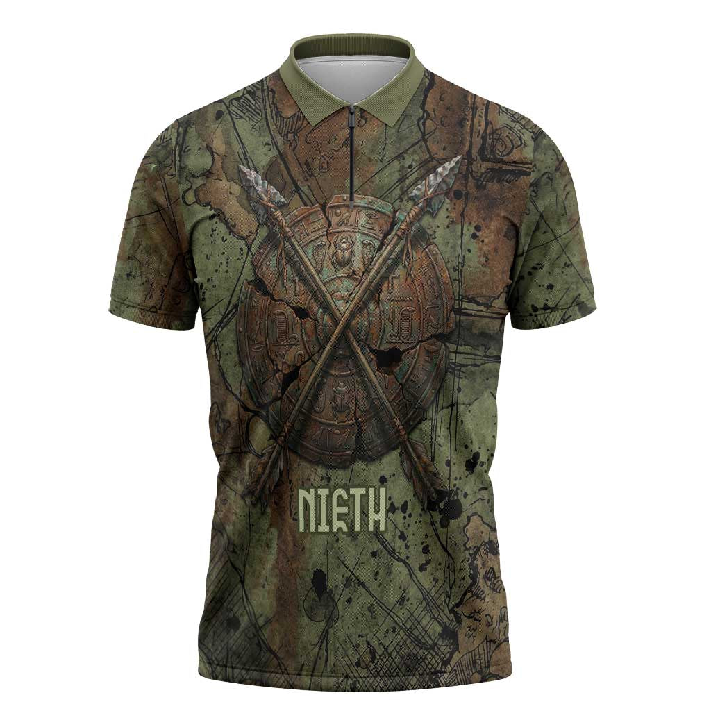 Neith Egyptian Zipper Polo Shirt War Goddess Terrifying One Dual Spears and Shield Battle Worn