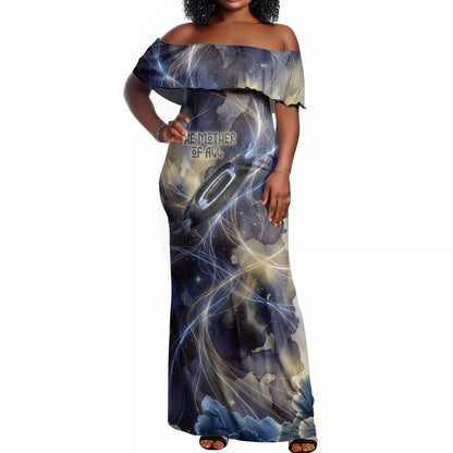 Neith Egyptian Off Shoulder Maxi Dress Goddess Mother of All Cosmic Threads