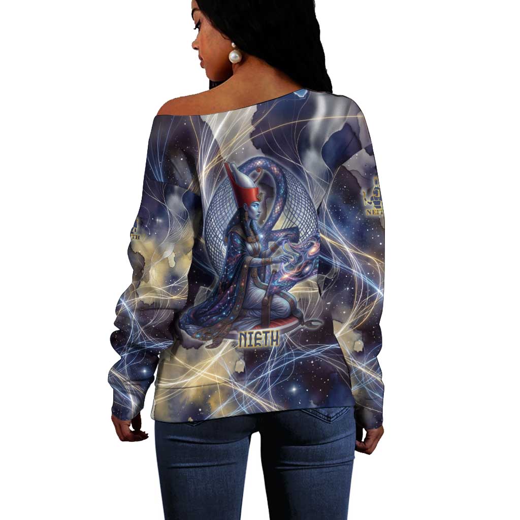 Neith Egyptian Off Shoulder Sweater Goddess Mother of All Cosmic Threads
