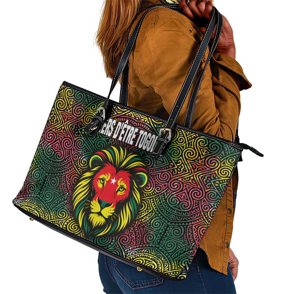 Togo Leather Tote Bag Red Lion Head Design and Traditional African Pattern