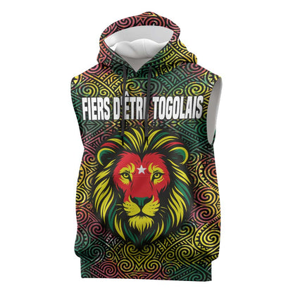 Togo Sleeveless Hoodie Red Lion Head Design and Traditional African Pattern - African Pride