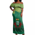 Togo Off Shoulder Maxi Dress - Red Twin Lions and Travail Liberté Patrie Slogan