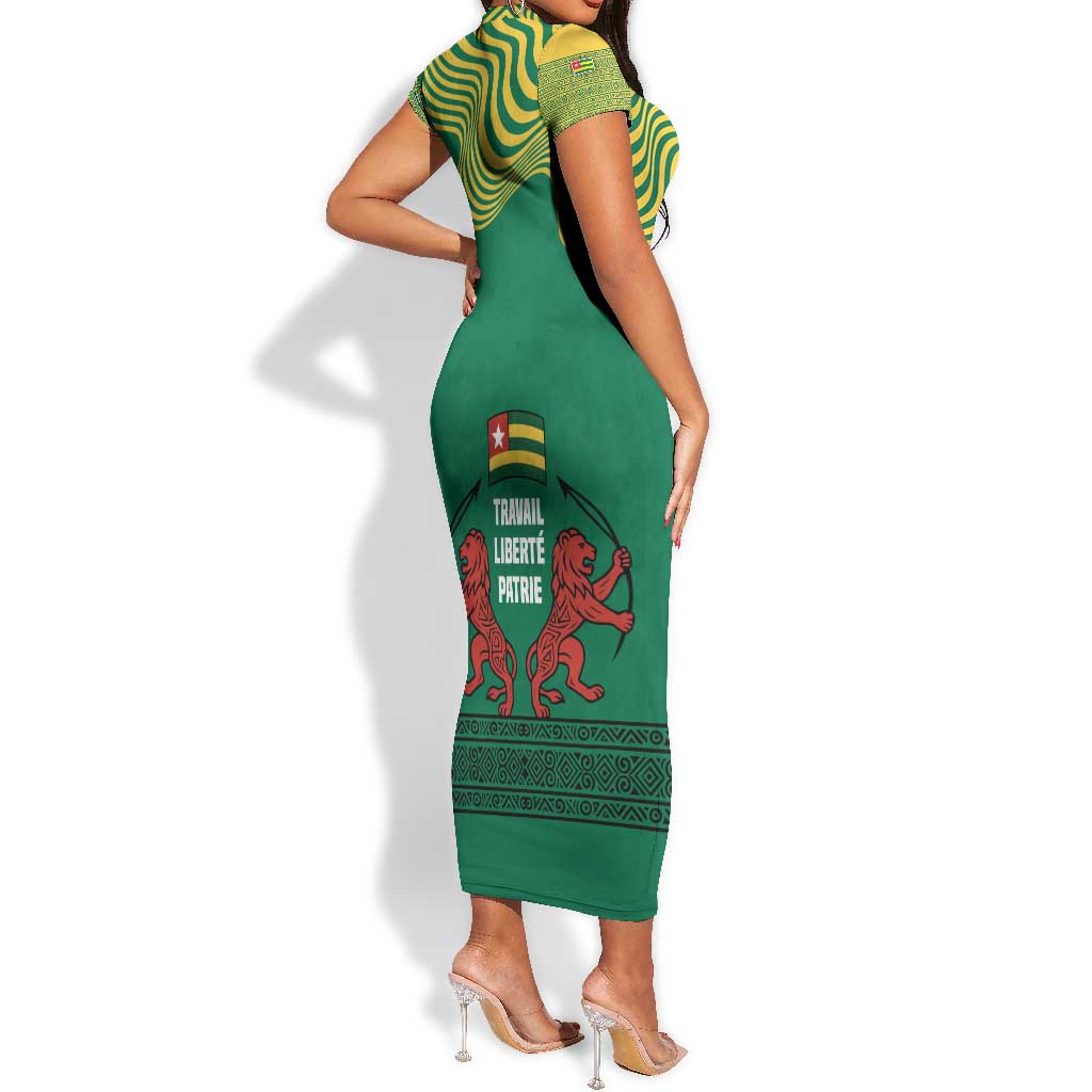Togo Short Sleeve Bodycon Dress - Red Twin Lions and Travail Liberté Patrie Slogan