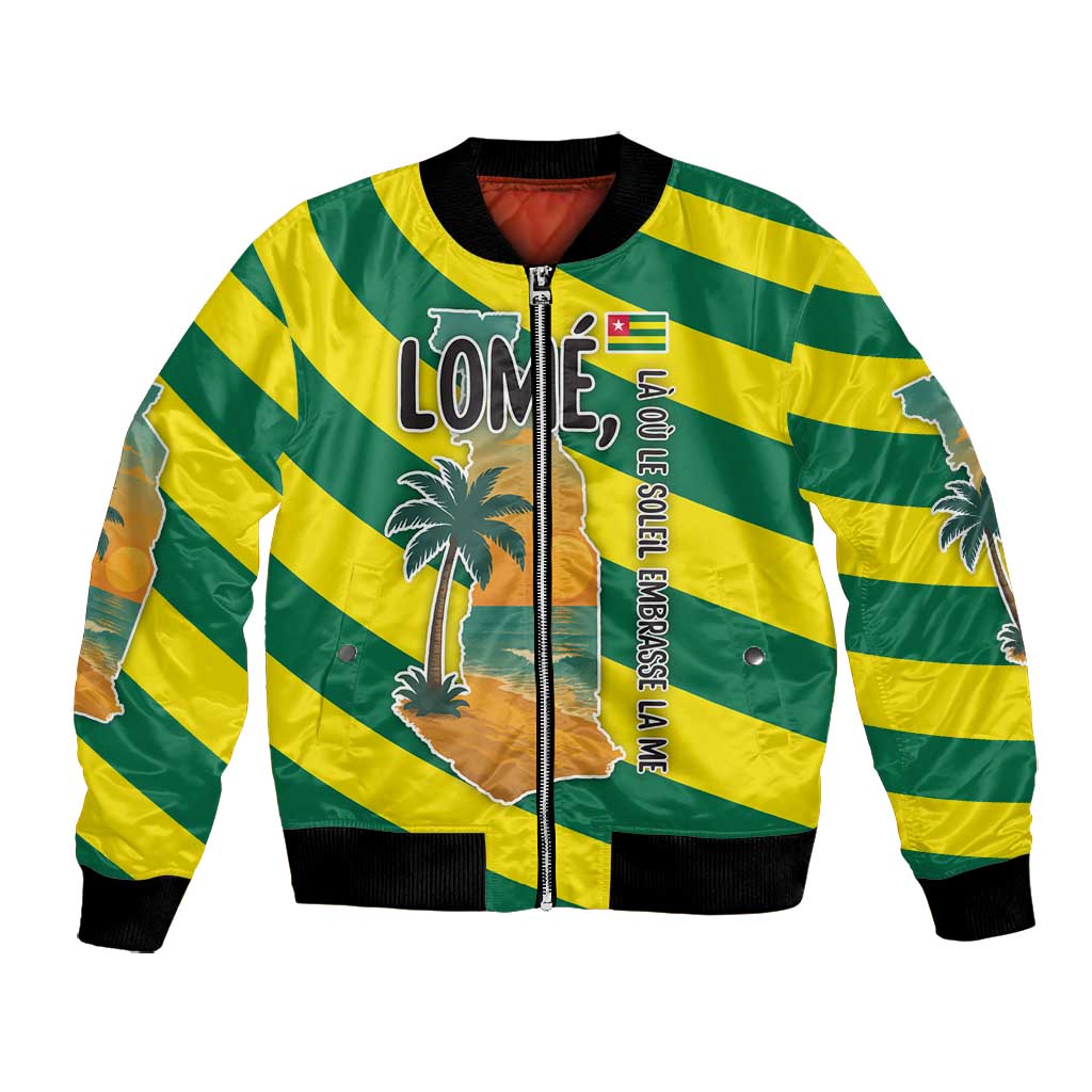 Lome Togo Sunset Bomber Jacket - Palm Trees and Ocean Embrace Design