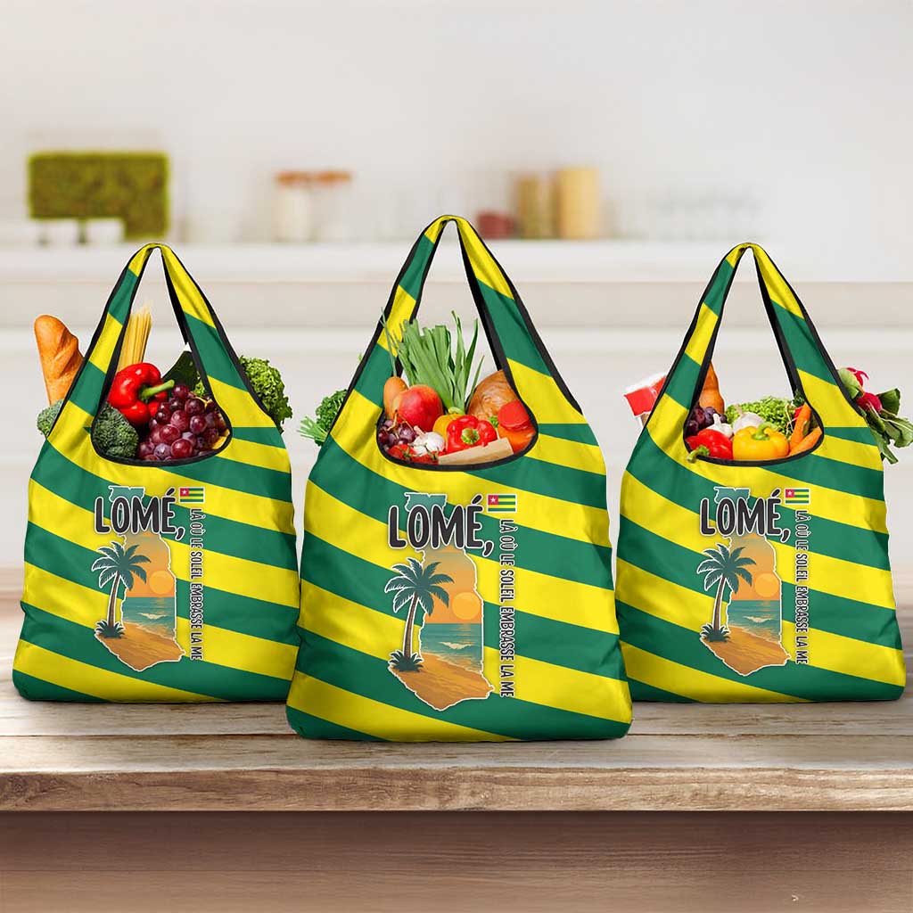 Lome Togo Sunset Grocery Bag - Palm Trees and Ocean Embrace Design