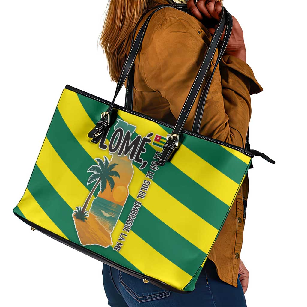 Lome Togo Sunset Leather Tote Bag - Palm Trees and Ocean Embrace Design