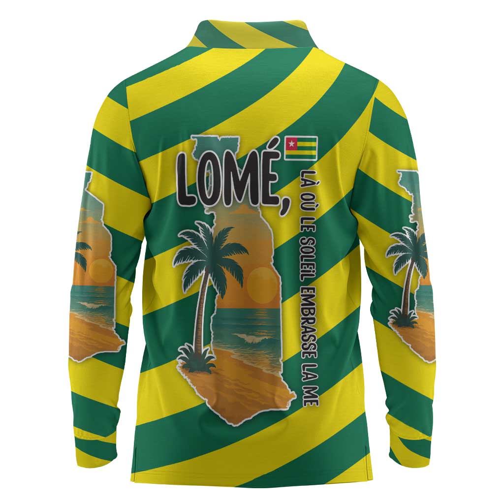 Lome Togo Sunset Long Sleeve Polo Shirt - Palm Trees and Ocean Embrace Design