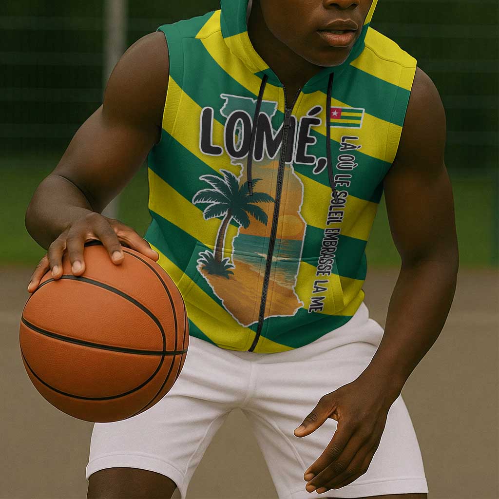 Lome Togo Sunset Sleeveless Zip Hoodie - Palm Trees and Ocean Embrace Design - African Pride