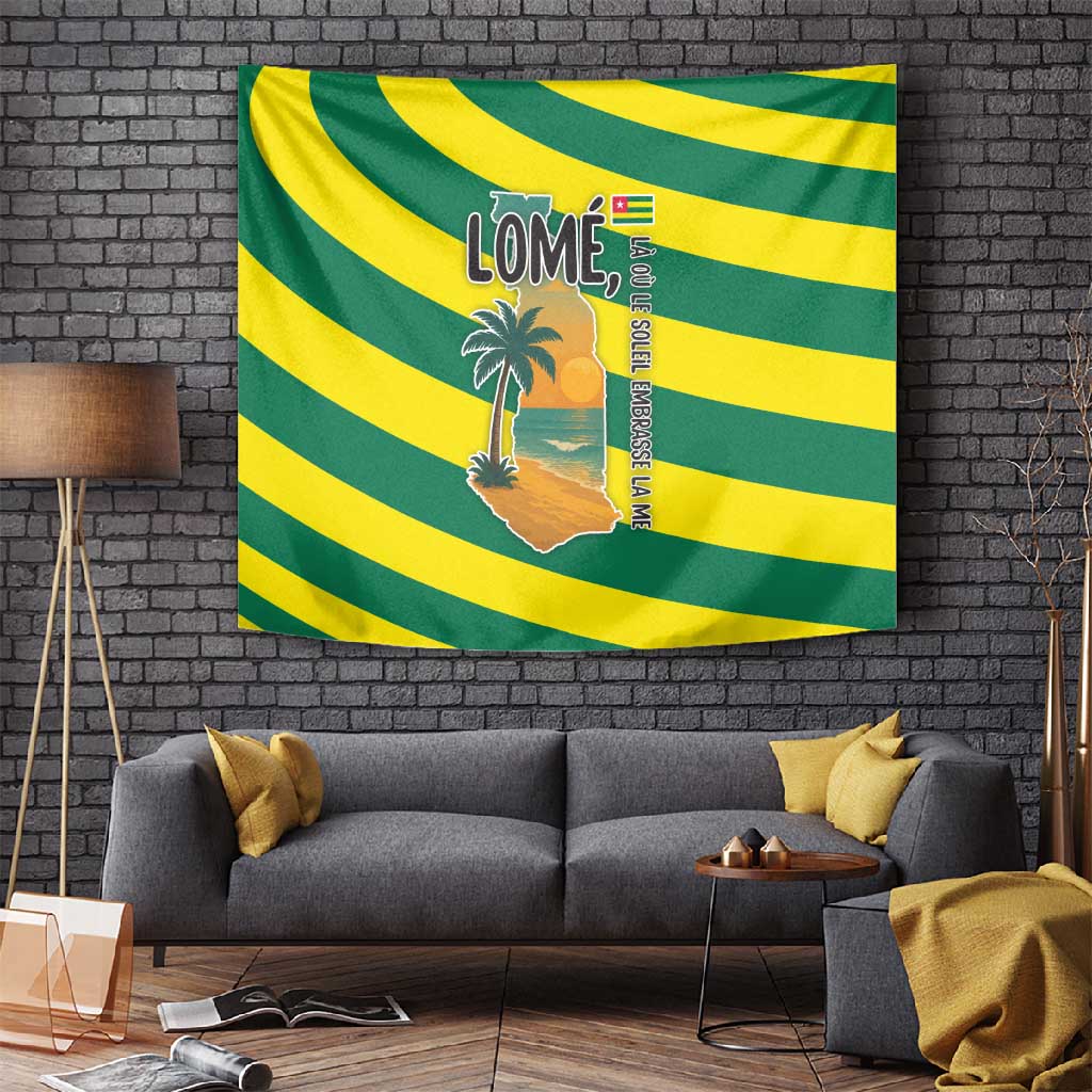 Lome Togo Sunset Tapestry - Palm Trees and Ocean Embrace Design