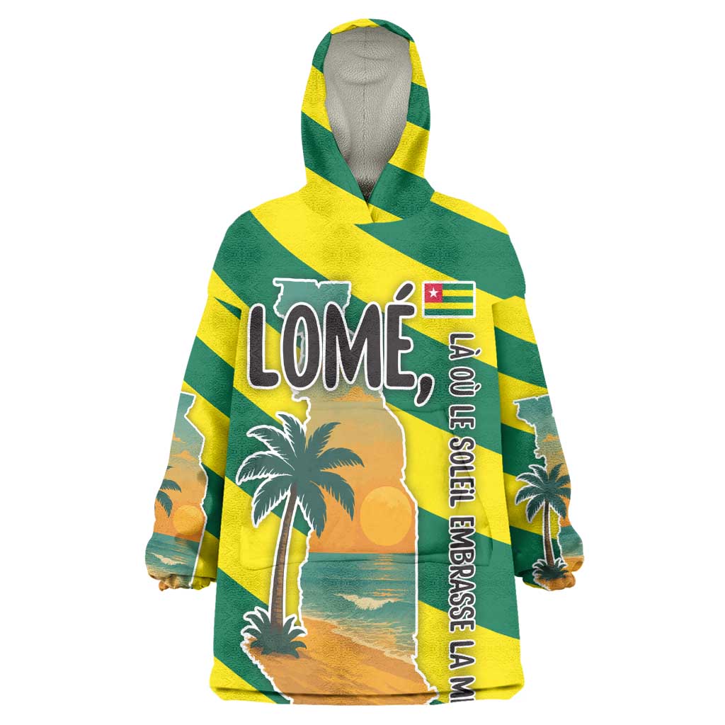 Lome Togo Sunset Wearable Blanket Hoodie - Palm Trees and Ocean Embrace Design