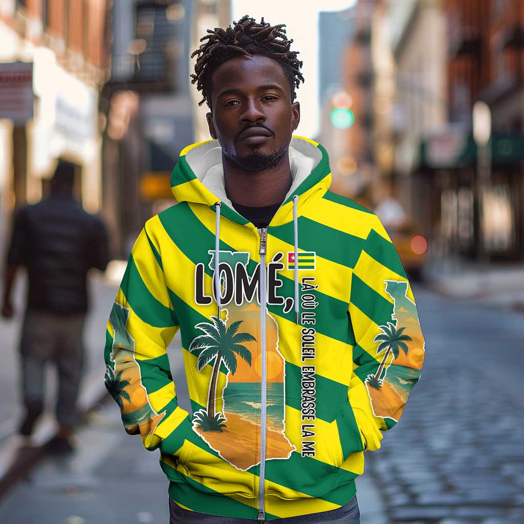 Lome Togo Sunset Zip Hoodie - Palm Trees and Ocean Embrace Design