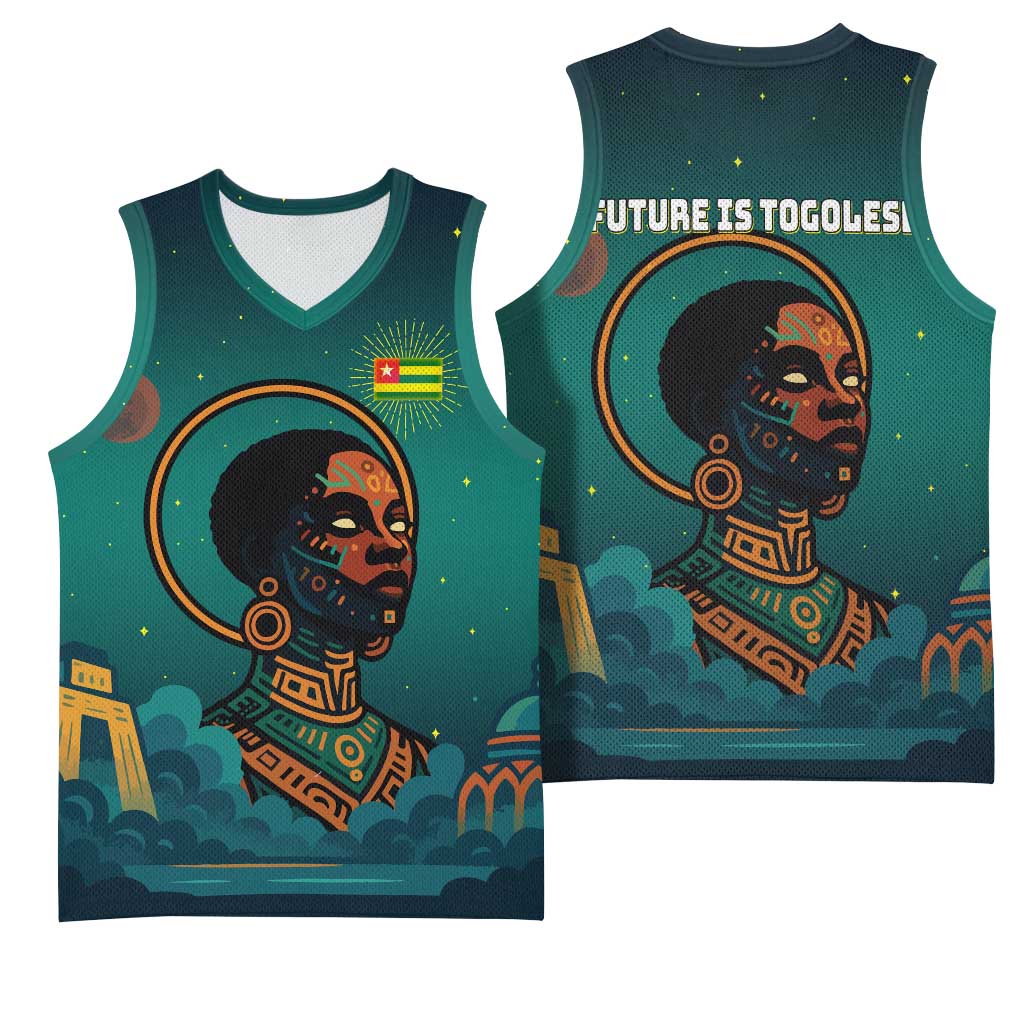 Togo Futuristic Afrocentric Woman Basketball Jersey with Flag and Stars Design TS04