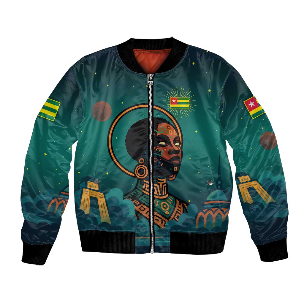 Togo Futuristic Afrocentric Woman Bomber Jacket with Flag and Stars Design