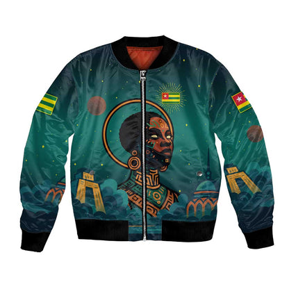 Togo Futuristic Afrocentric Woman Bomber Jacket with Flag and Stars Design
