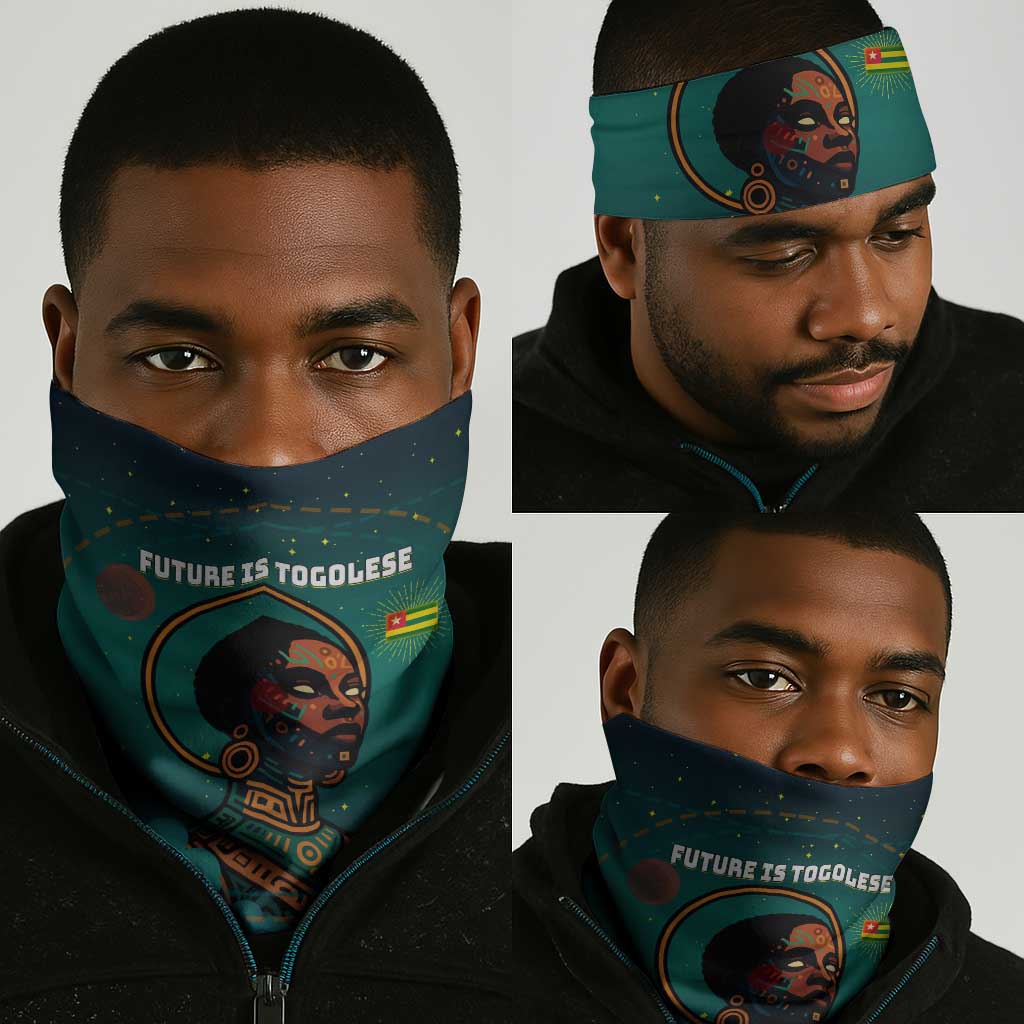 Togo Futuristic Afrocentric Woman Neck Gaiter Flag and Stars Design TS04
