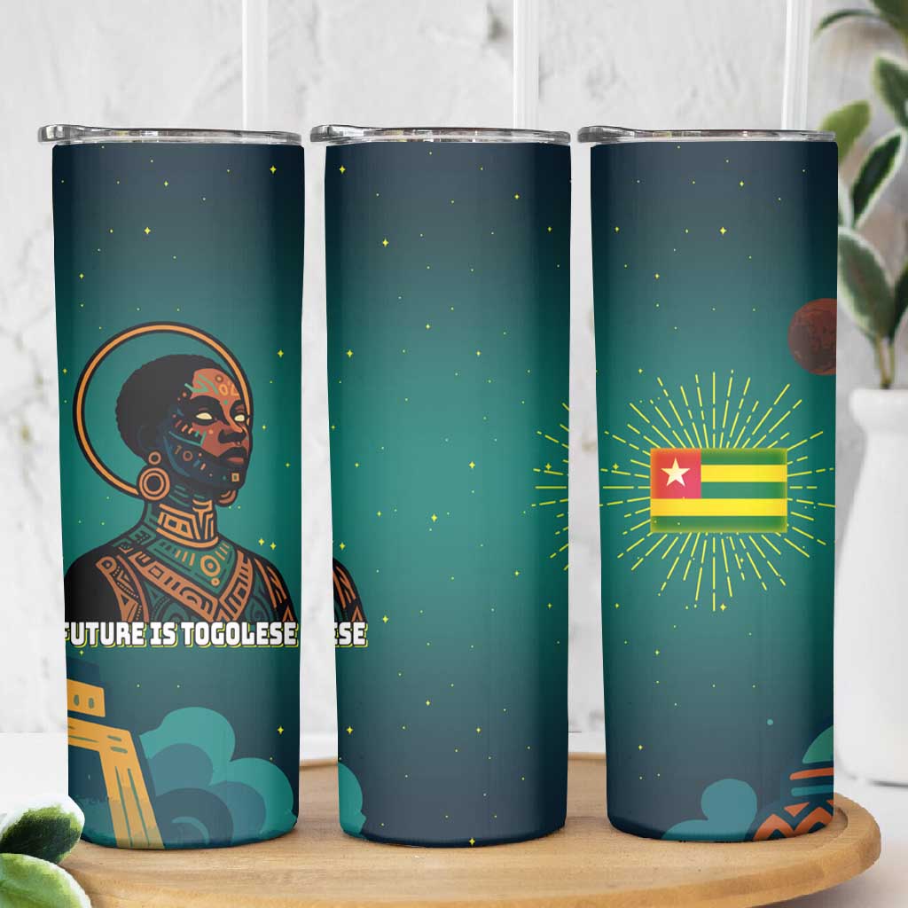 Togo Futuristic Afrocentric Woman Skinny Tumbler with Flag and Stars Design