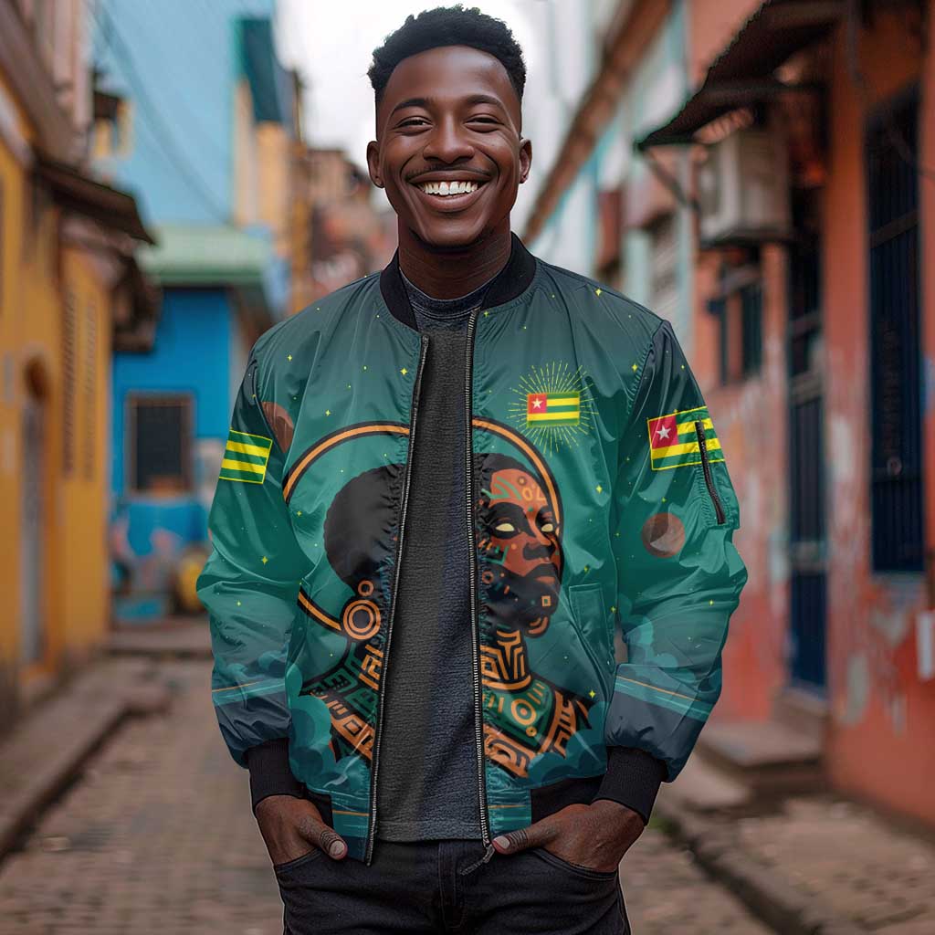 Togo Futuristic Afrocentric Woman Sleeve Zip Bomber Jacket with Flag and Stars Design