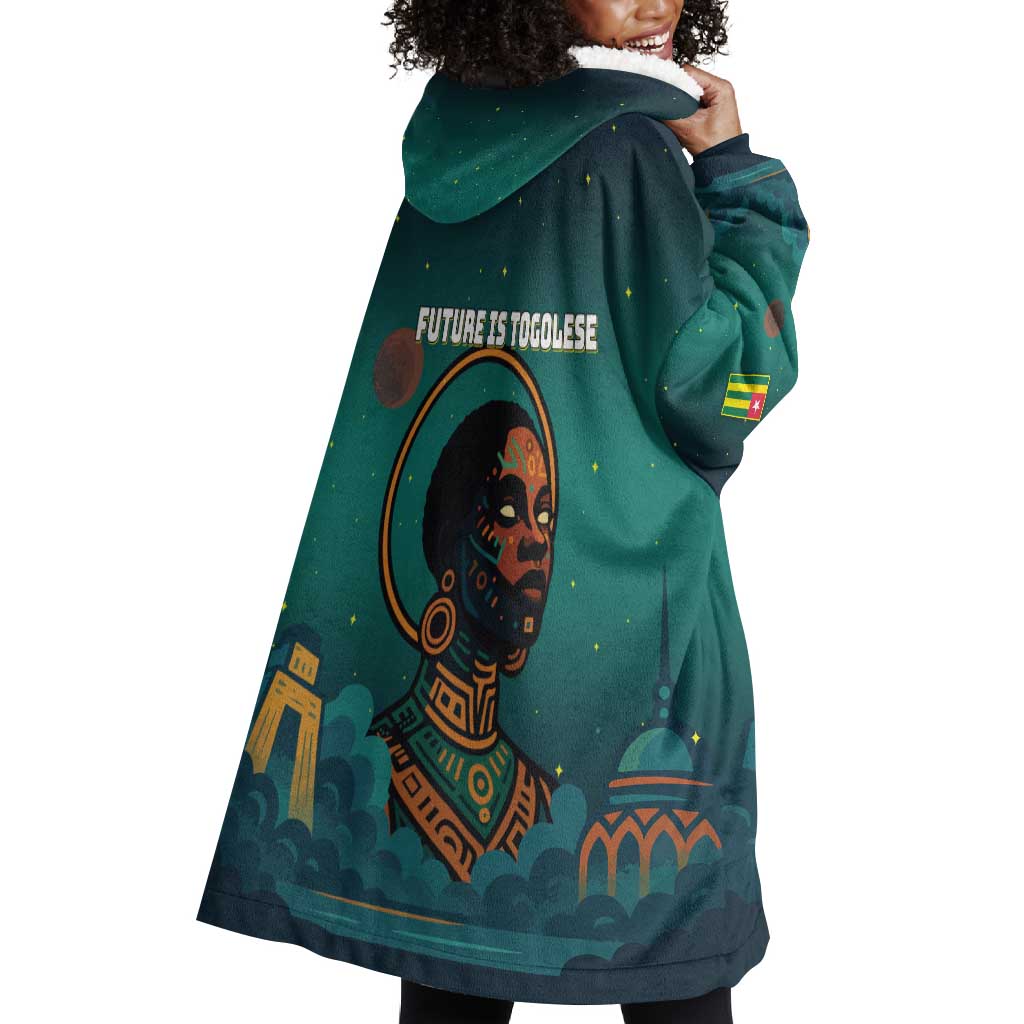 Togo Futuristic Afrocentric Woman Wearable Blanket Hoodie with Flag and Stars Design