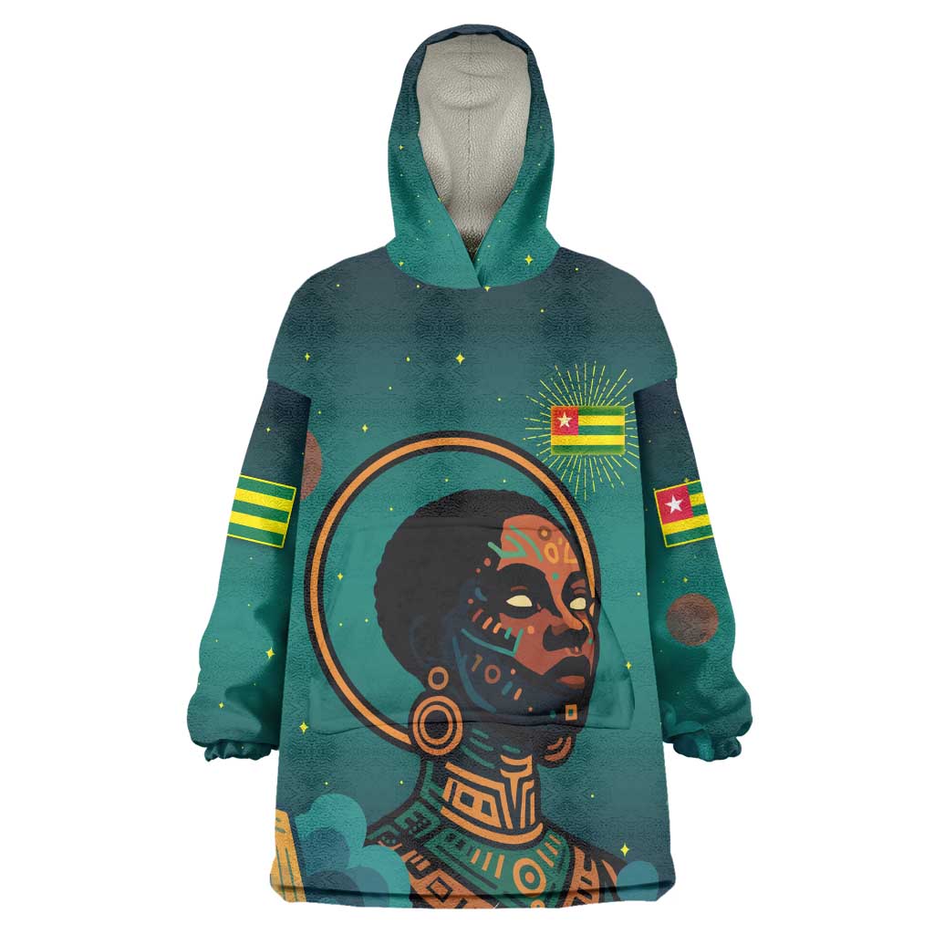 Togo Futuristic Afrocentric Woman Wearable Blanket Hoodie with Flag and Stars Design