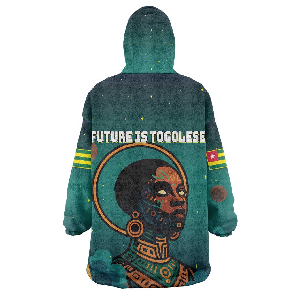 Togo Futuristic Afrocentric Woman Wearable Blanket Hoodie with Flag and Stars Design