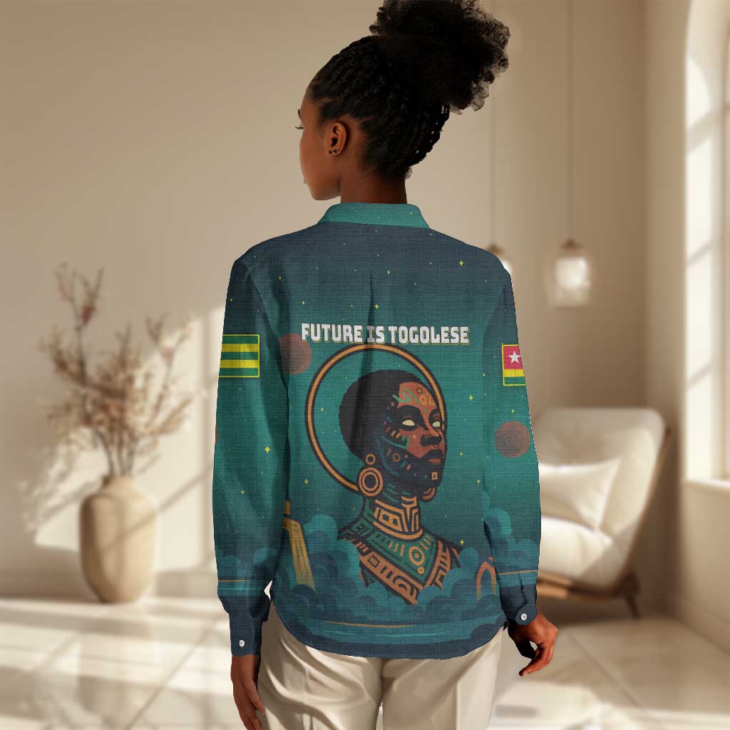 Togo Futuristic Afrocentric Woman Women Casual Shirt with Flag and Stars Design