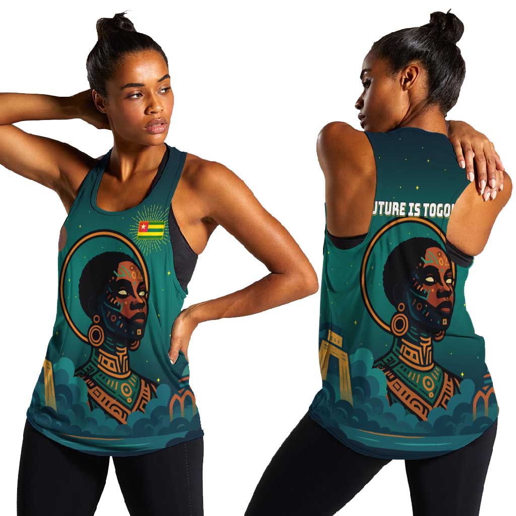 Togo Futuristic Afrocentric Woman Women Racerback Tank with Flag and Stars Design