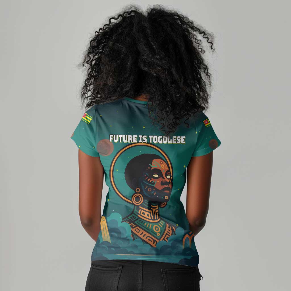 Togo Futuristic Afrocentric Woman Women V-Neck T-Shirt with Flag and Stars Design