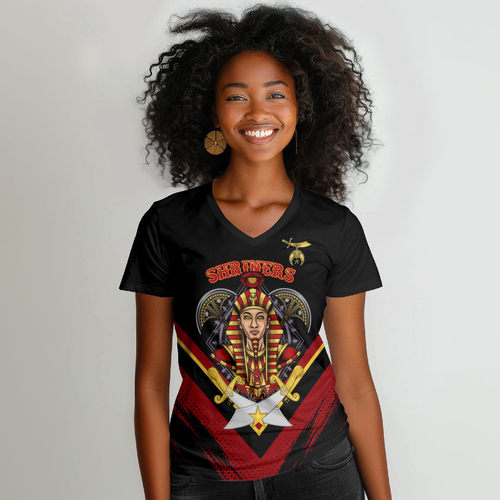 Noble Shriners Women V-Neck T-Shirt Masonic Egyptian Pharaoh Scimitar Emblem
