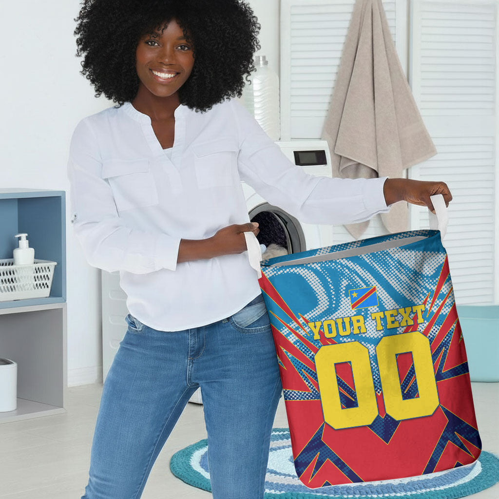 Personalized DR Congo Football Leopard Victory Laundry Basket Congolese Soccer Comic Style