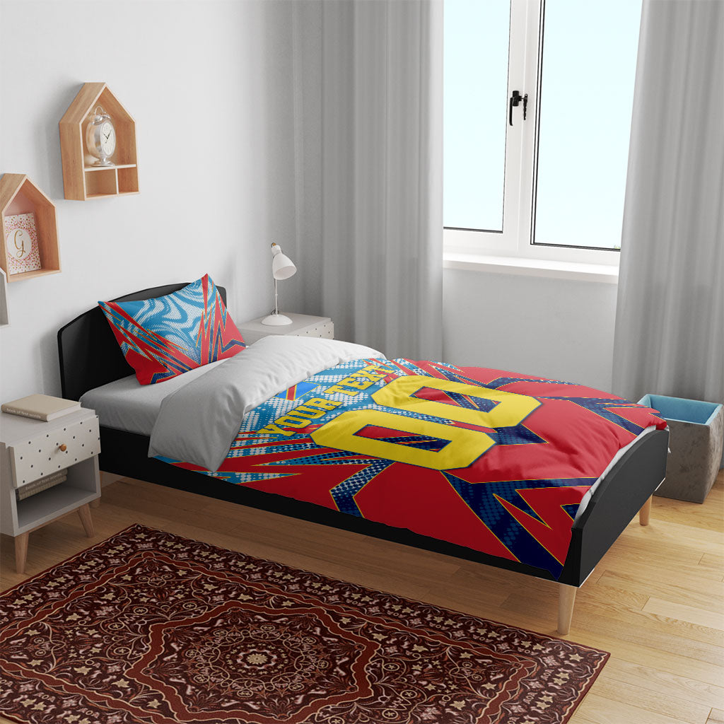 Personalized DR Congo Football Leopard Victory Bedding Set Congolese Soccer Comic Style