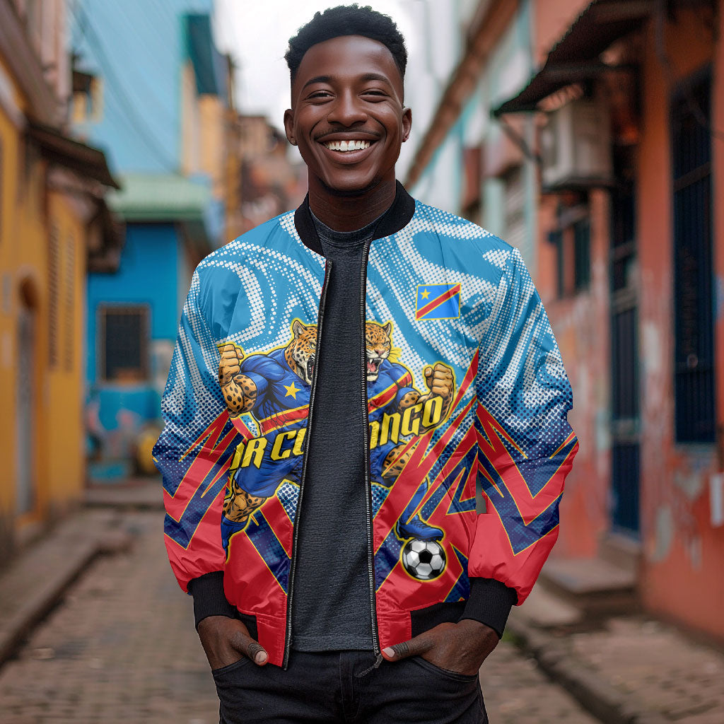 Personalized DR Congo Football Leopard Victory Bomber Jacket Congolese Soccer Comic Style