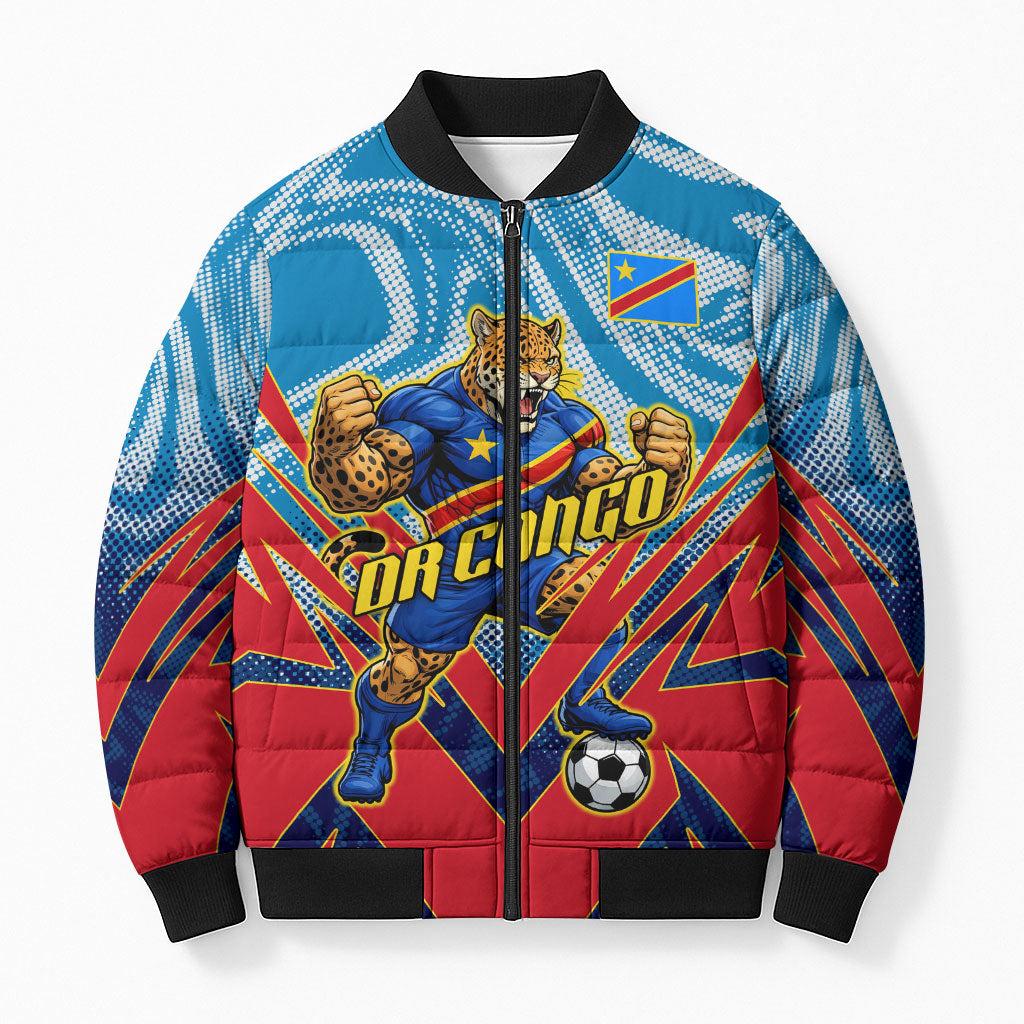 Personalized DR Congo Football Leopard Victory Bomber Puffer Jacket Congolese Soccer Comic Style
