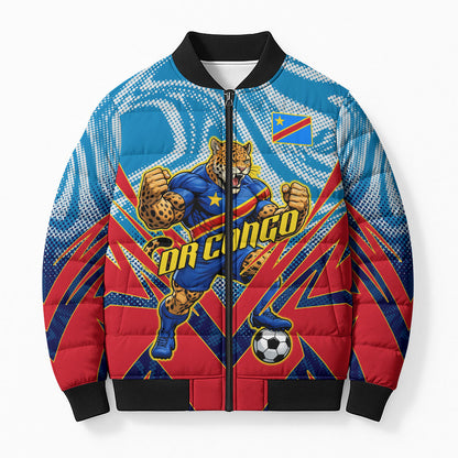 Personalized DR Congo Football Leopard Victory Bomber Puffer Jacket Congolese Soccer Comic Style