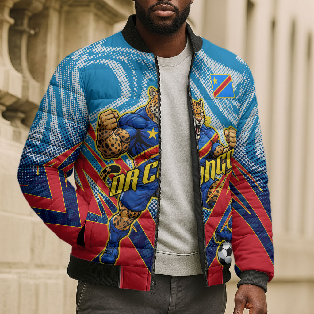 Personalized DR Congo Football Leopard Victory Bomber Puffer Jacket Congolese Soccer Comic Style