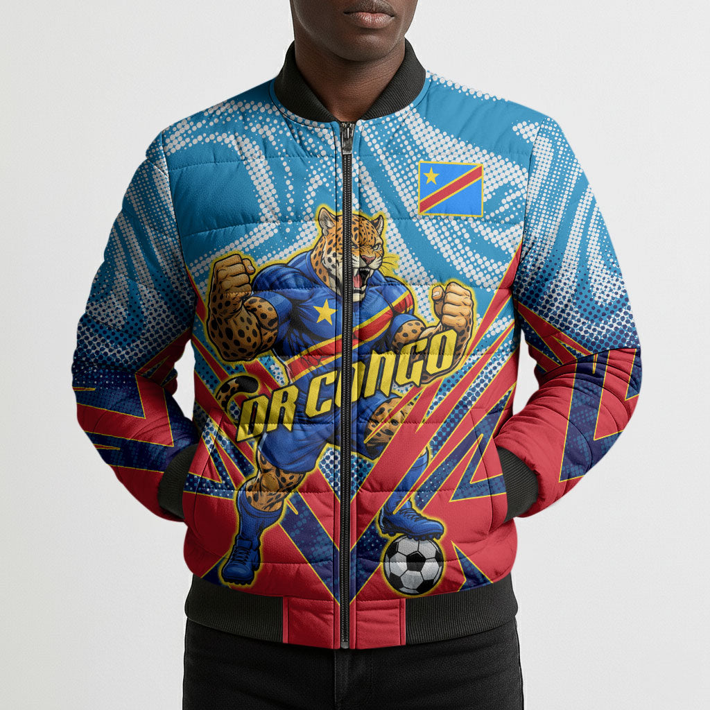 Personalized DR Congo Football Leopard Victory Bomber Puffer Jacket Congolese Soccer Comic Style
