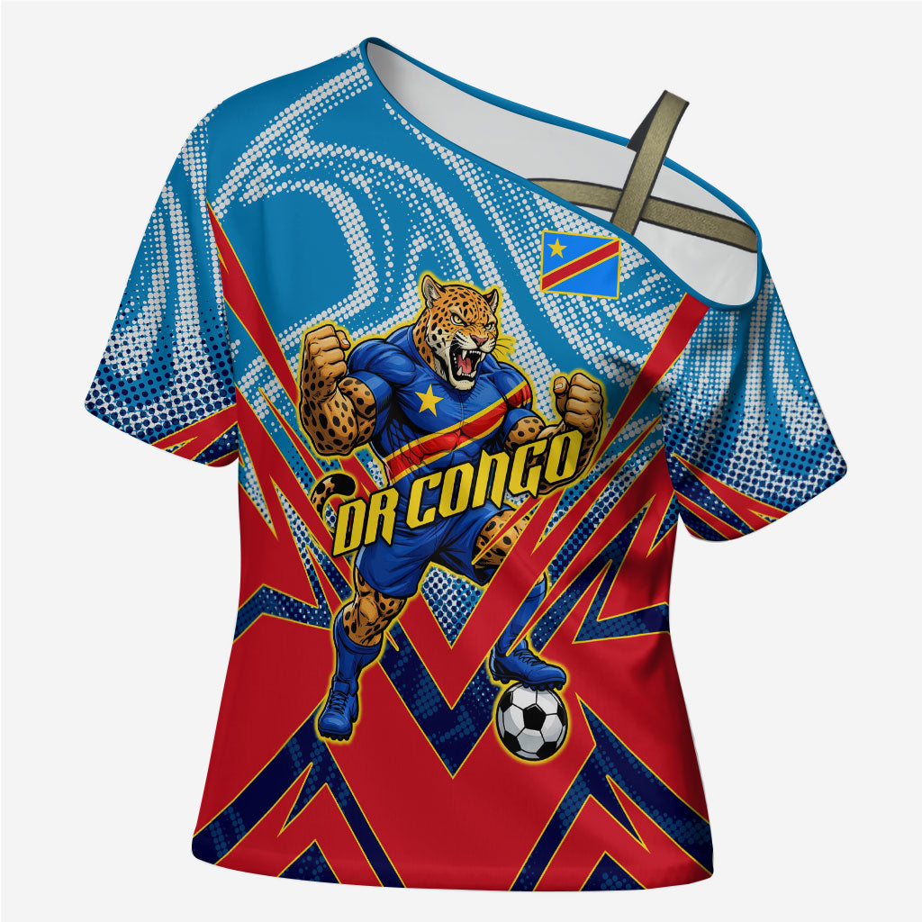 Personalized DR Congo Football Leopard Victory Cross Shoulder Shirt Congolese Soccer Comic Style