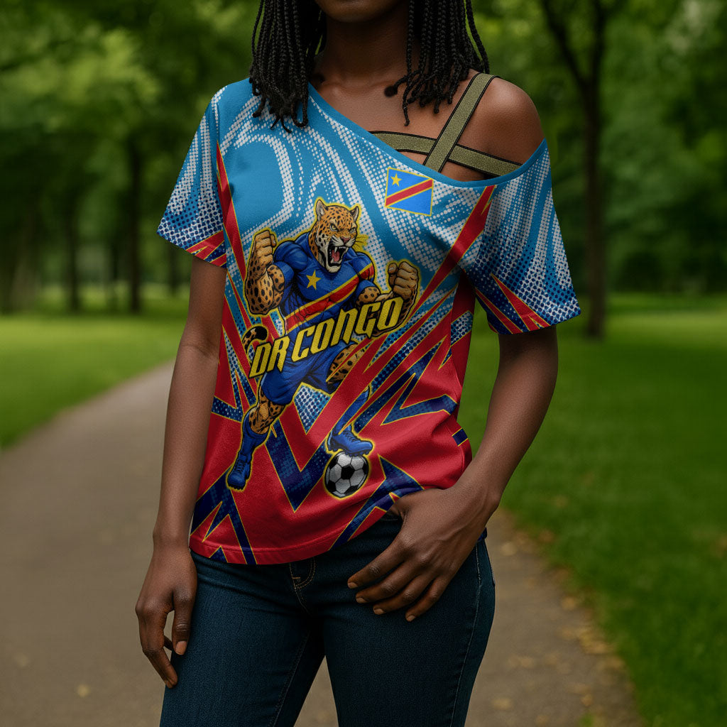Personalized DR Congo Football Leopard Victory Cross Shoulder Shirt Congolese Soccer Comic Style