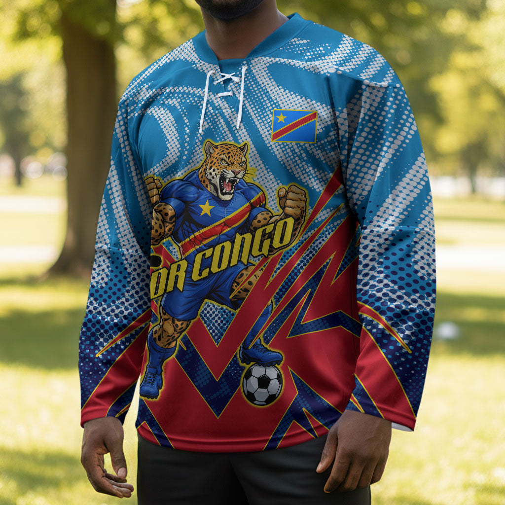 Personalized DR Congo Football Leopard Victory Hockey Jersey Congolese Soccer Comic Style