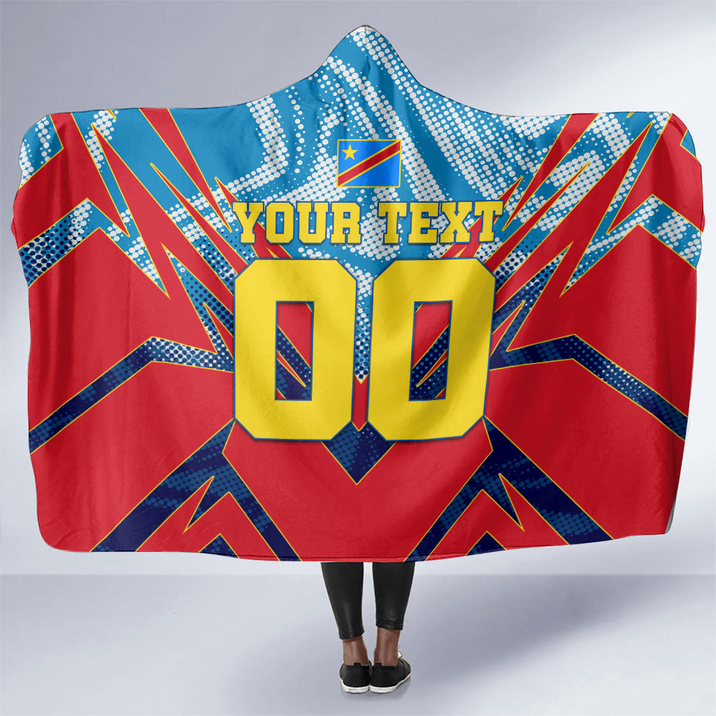 Personalized DR Congo Football Leopard Victory Hooded Blanket Congolese Soccer Comic Style