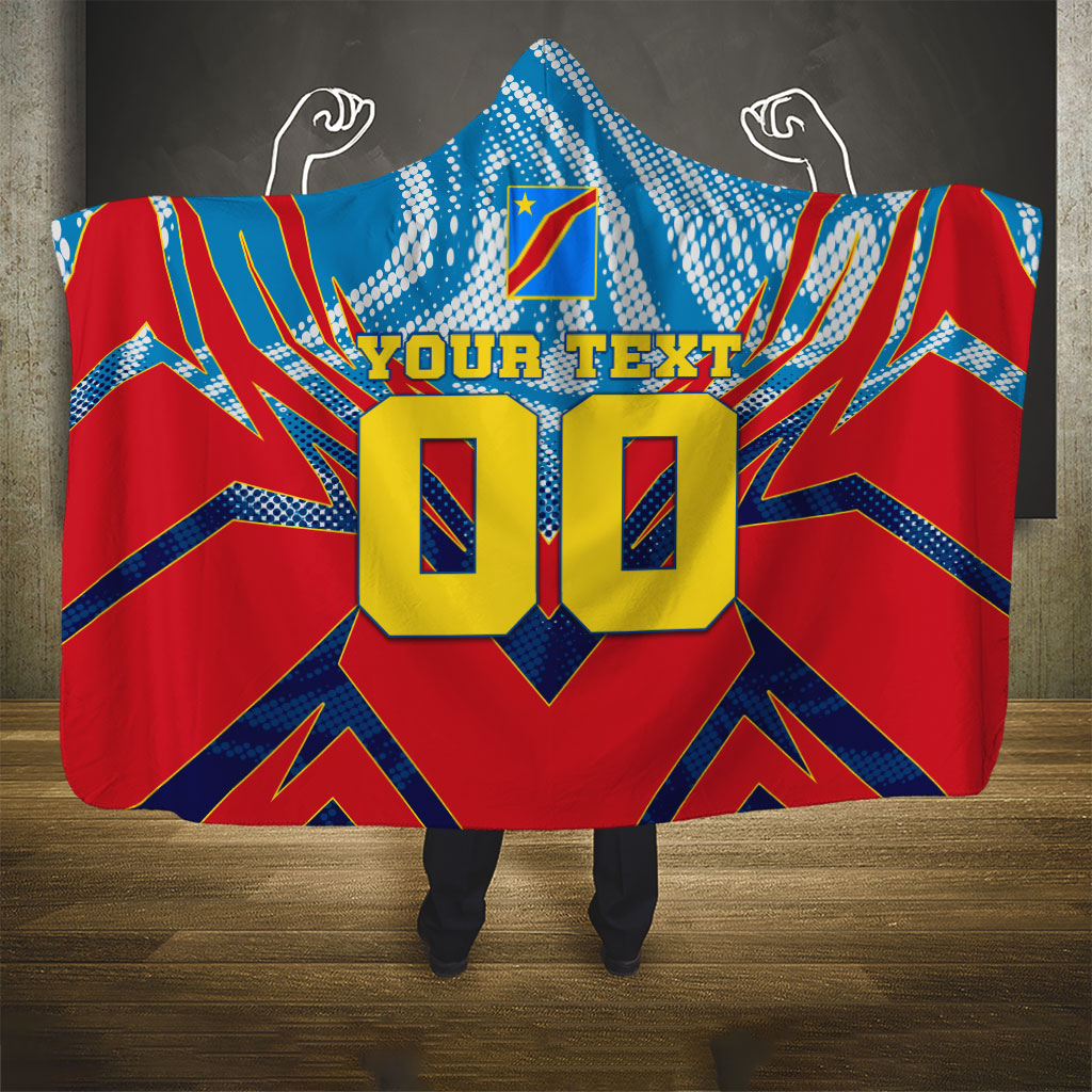 Personalized DR Congo Football Leopard Victory Hooded Blanket Congolese Soccer Comic Style
