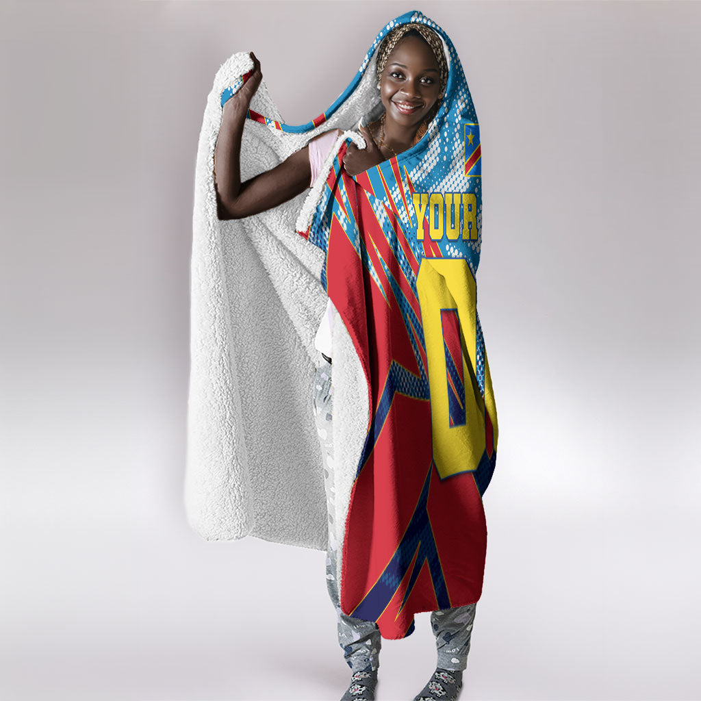 Personalized DR Congo Football Leopard Victory Hooded Blanket Congolese Soccer Comic Style
