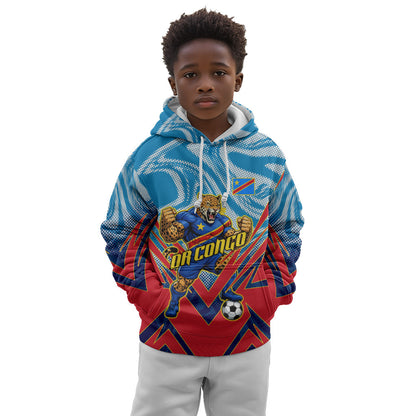 Personalized DR Congo Football Leopard Victory Kid Hoodie Congolese Soccer Comic Style