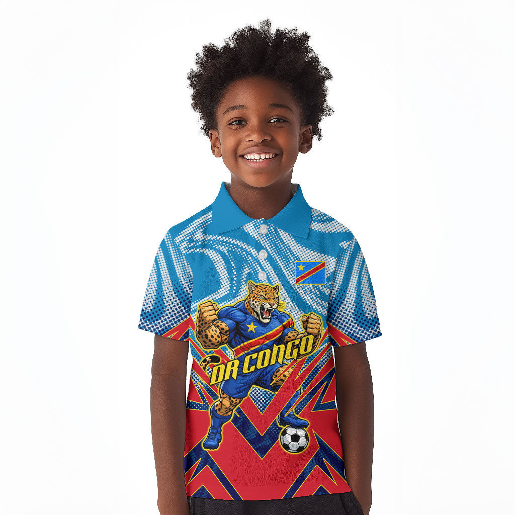 Personalized DR Congo Football Leopard Victory Kid Polo Shirt Congolese Soccer Comic Style