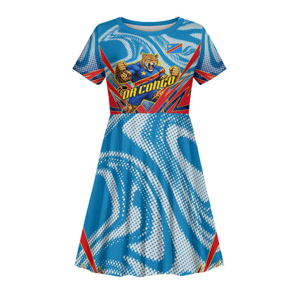 Personalized DR Congo Football Leopard Victory Kid Short Sleeve Dress Congolese Soccer Comic Style