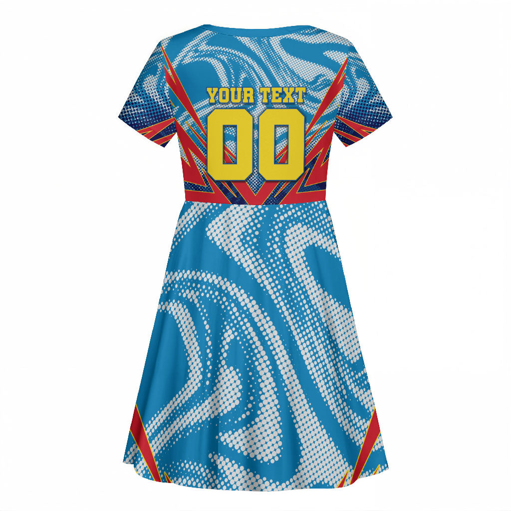 Personalized DR Congo Football Leopard Victory Kid Short Sleeve Dress Congolese Soccer Comic Style