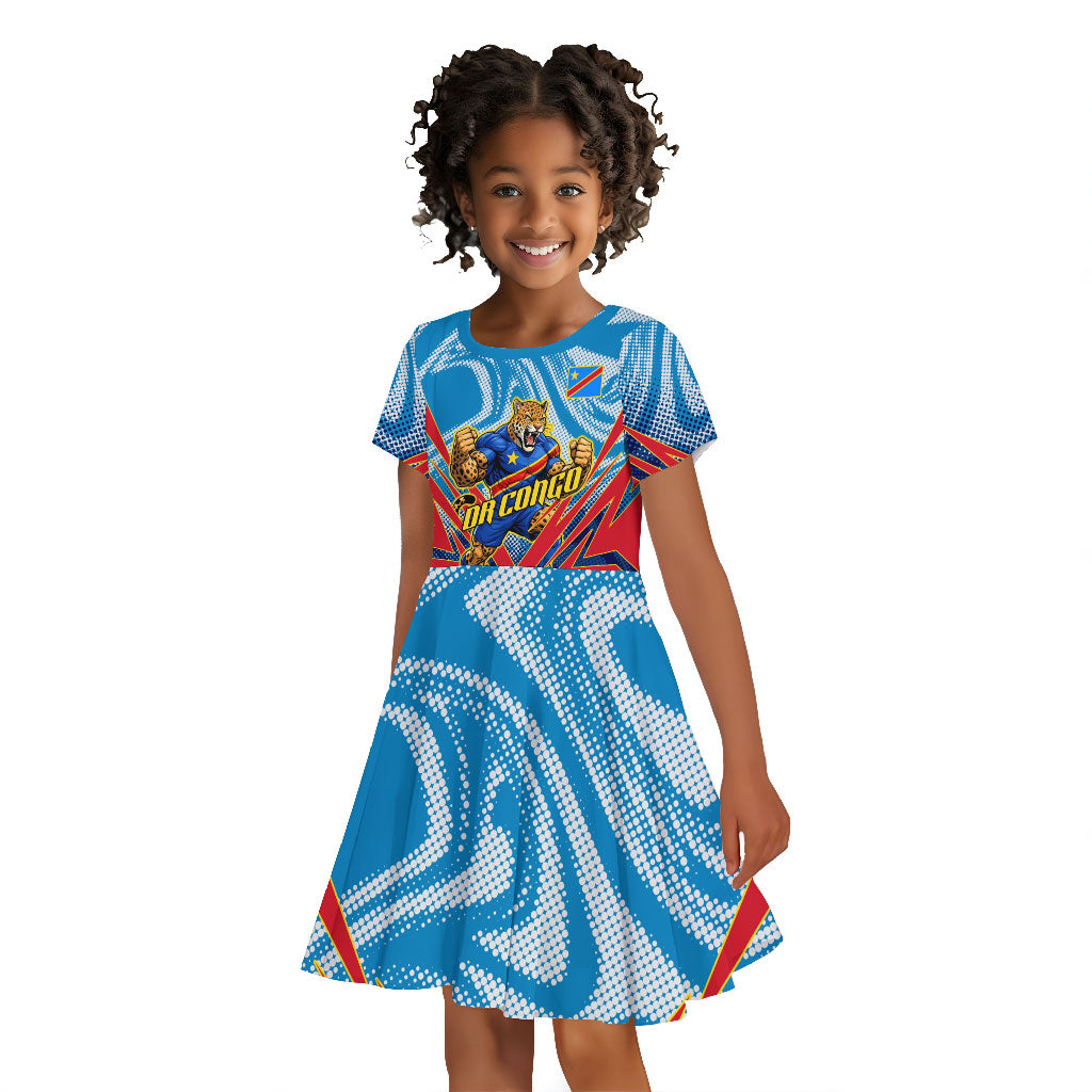Personalized DR Congo Football Leopard Victory Kid Short Sleeve Dress Congolese Soccer Comic Style