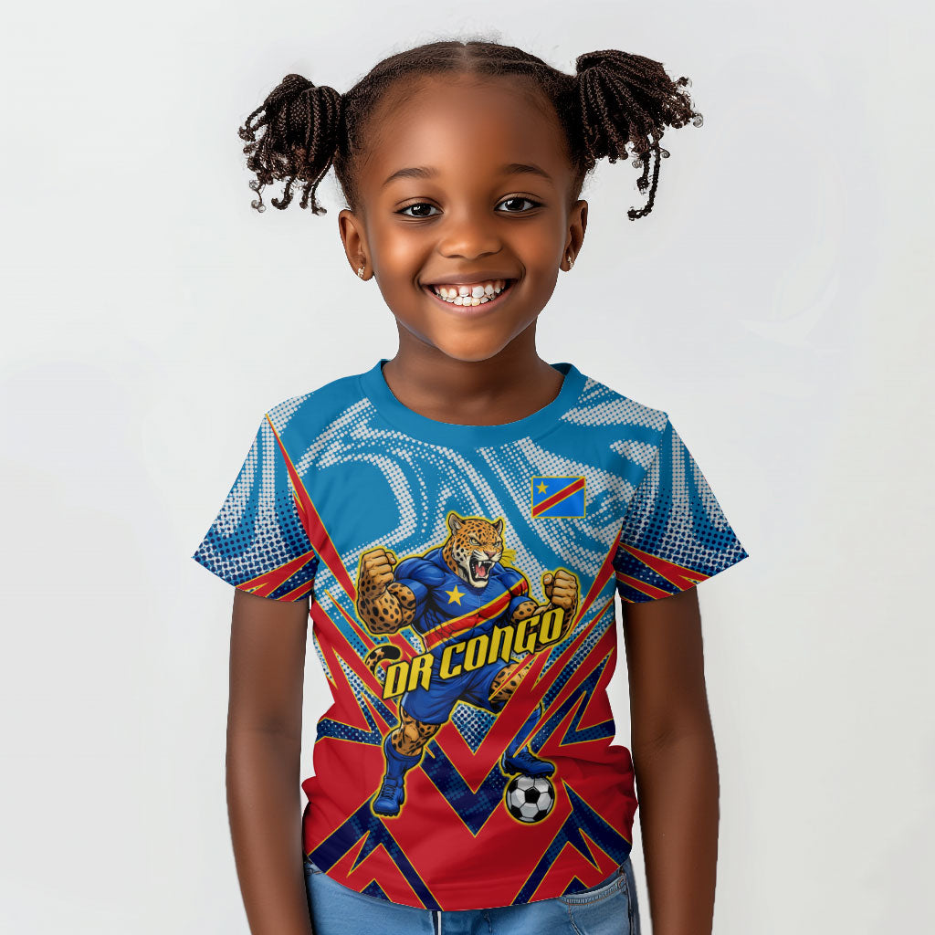 Personalized DR Congo Football Leopard Victory Kid T shirt Congolese Soccer Comic Style