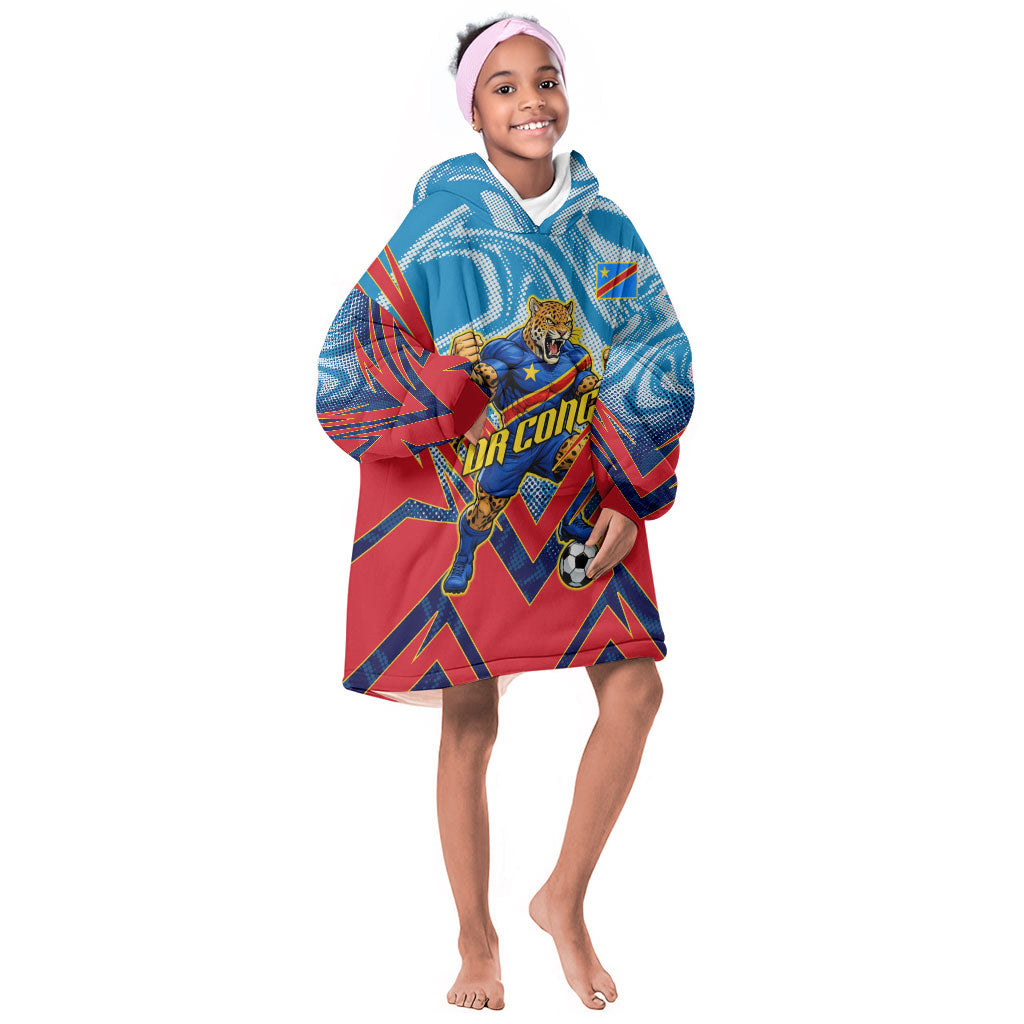 Personalized DR Congo Football Leopard Victory Kid Wearable Blanket Hoodie Congolese Soccer Comic Style